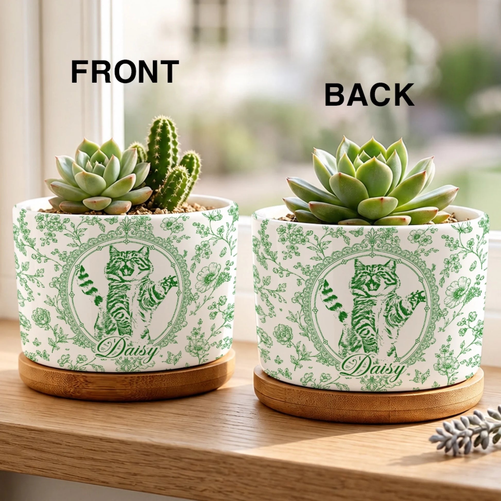Custom Pet Portrait Memorial Ceramic Planter Front and Back