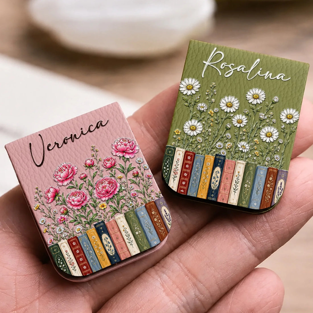 Pink Flowers and Books Bookmark with Custom Name