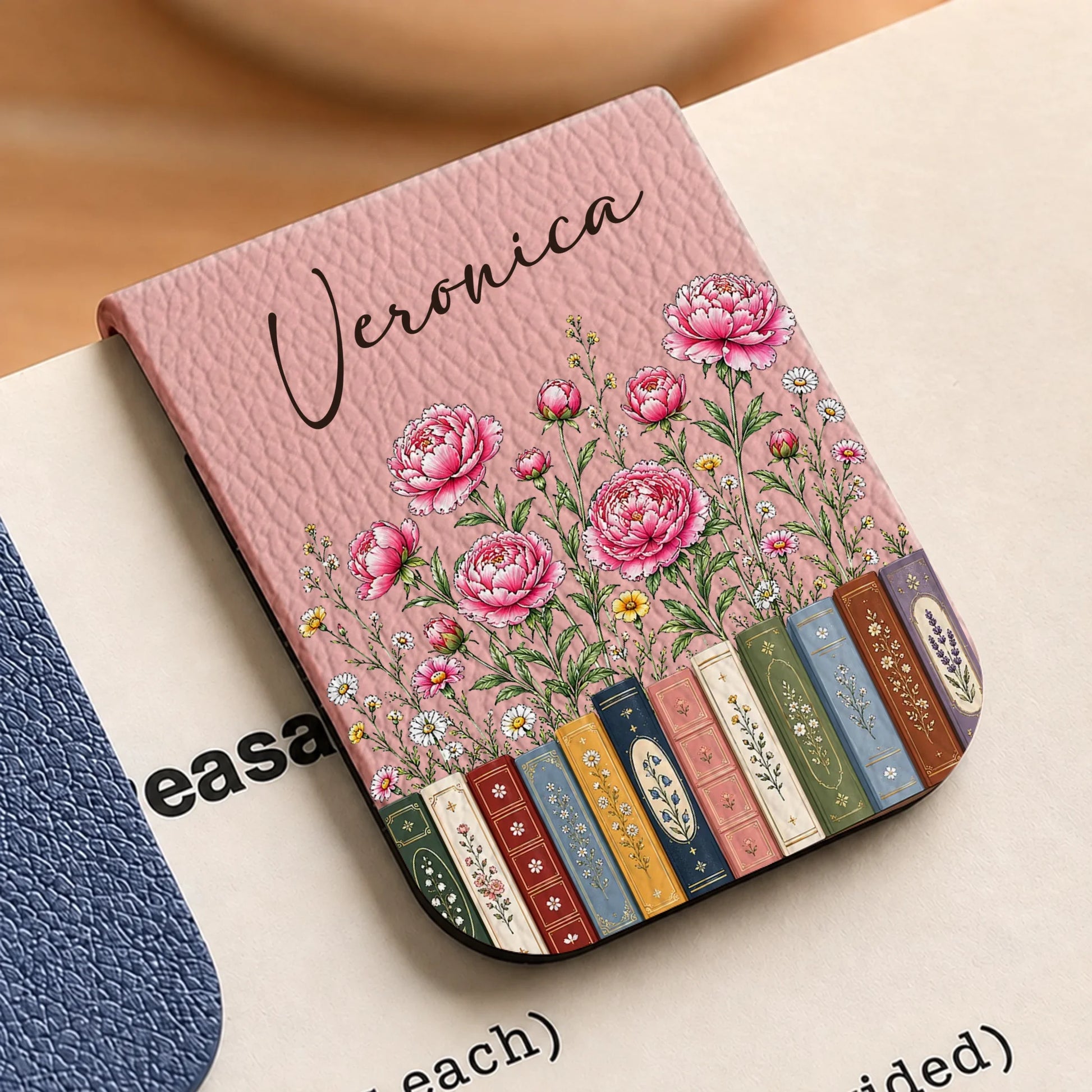 Pink Flowers and Books Bookmark with Custom Name