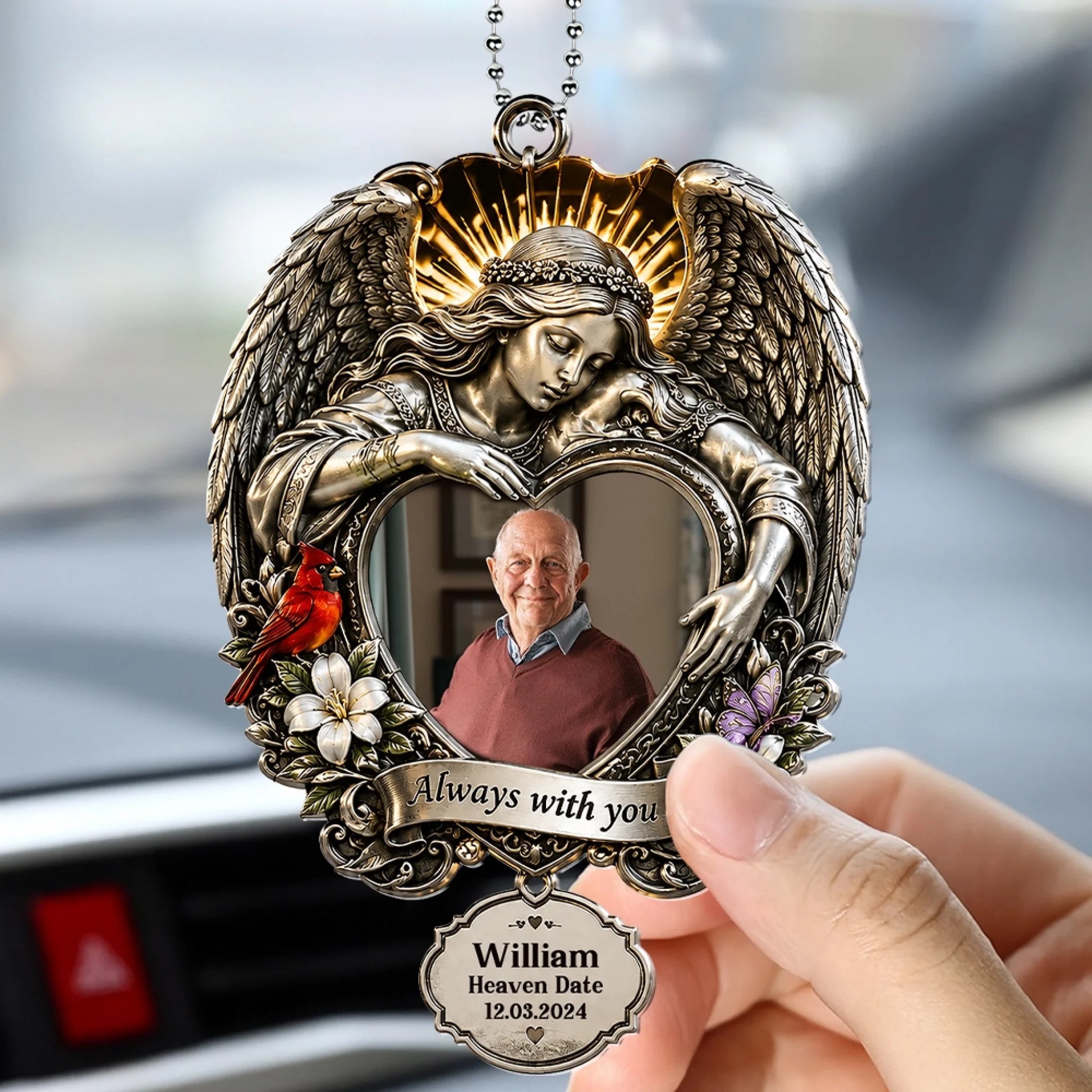 Personalized Memorial Angel Ornament Hanging in Car