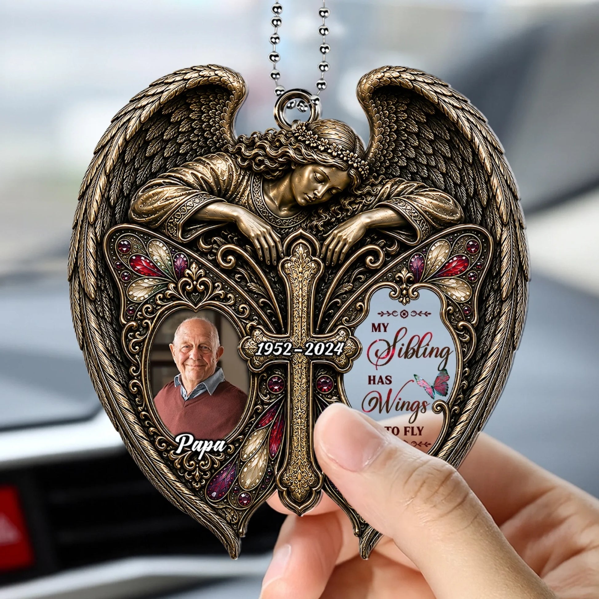 Personalized Butterfly Angel Memorial Ornament Hanging in Car