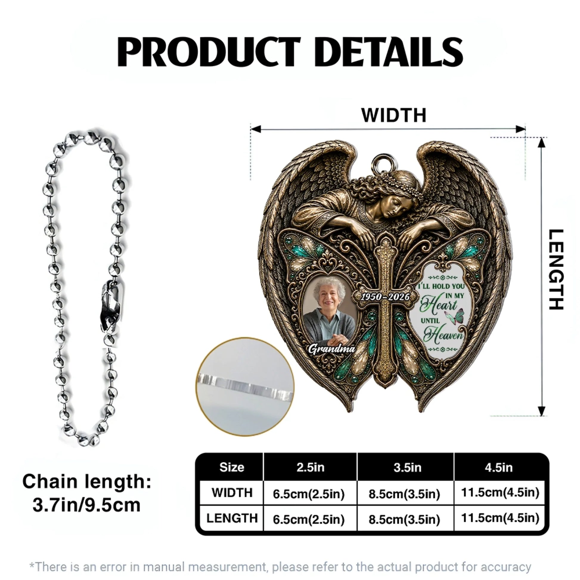 Personalized Memorial Angel Car Ornament Product Details and Size