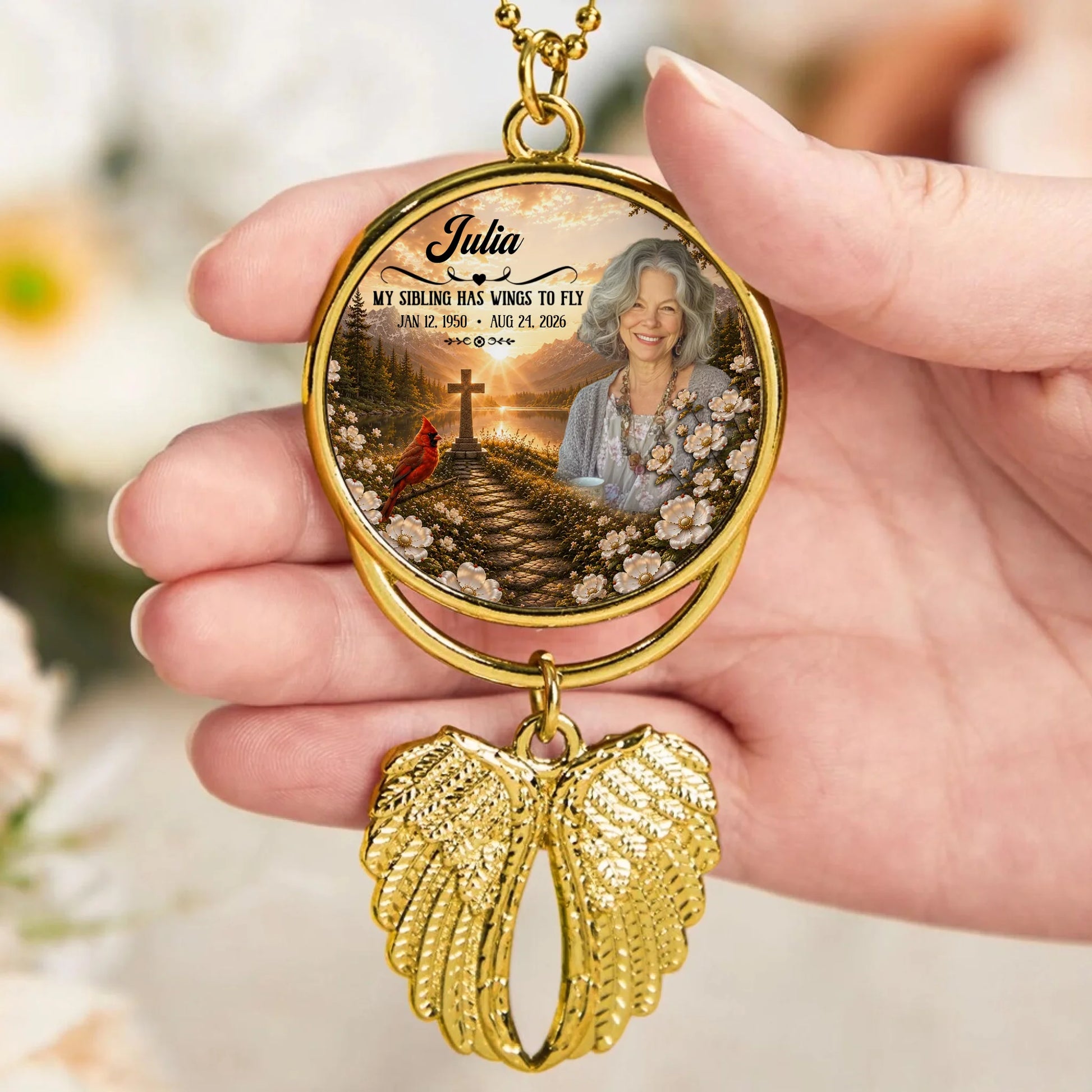 Custom Photo Sibling Memorial Car Ornament with Angel Wing Charm