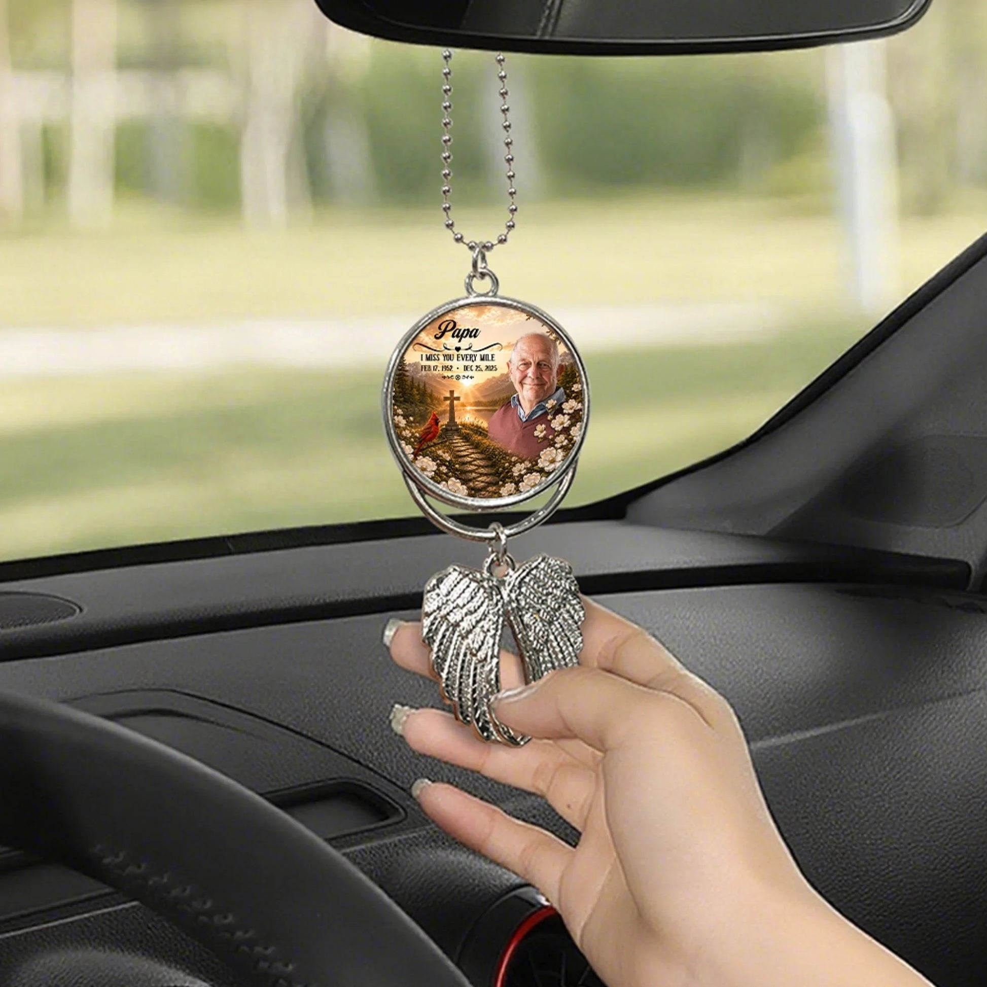Personalized Sibling Memorial Angel Wing Ornament Hanging in Car