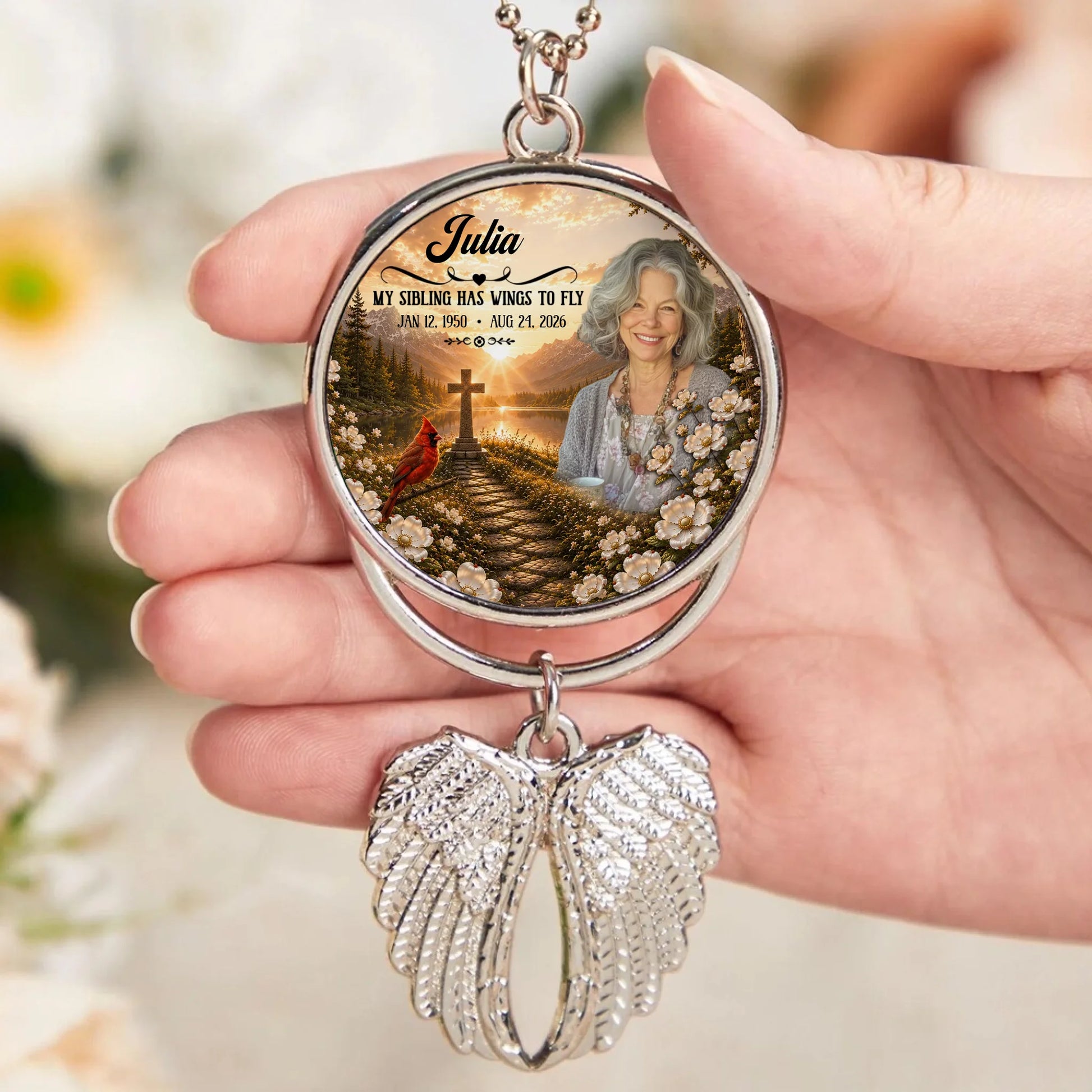 Personalized Sibling Memorial Angel Wing Car Ornament with Photo