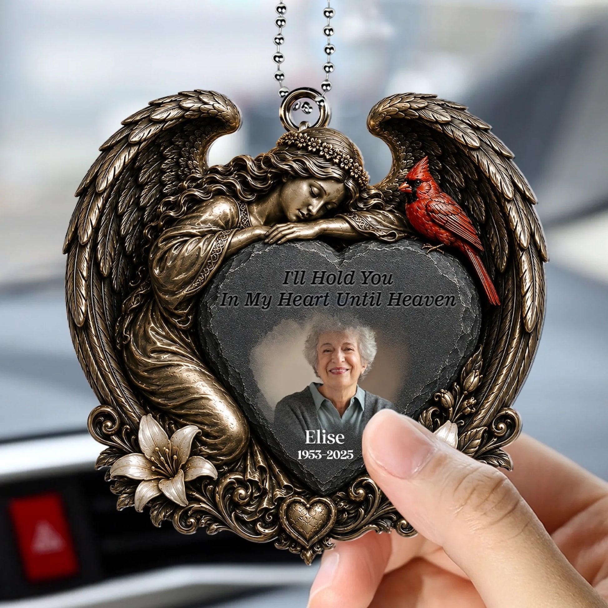 Personalized Cardinal Memorial Angel Ornament Hanging in Car