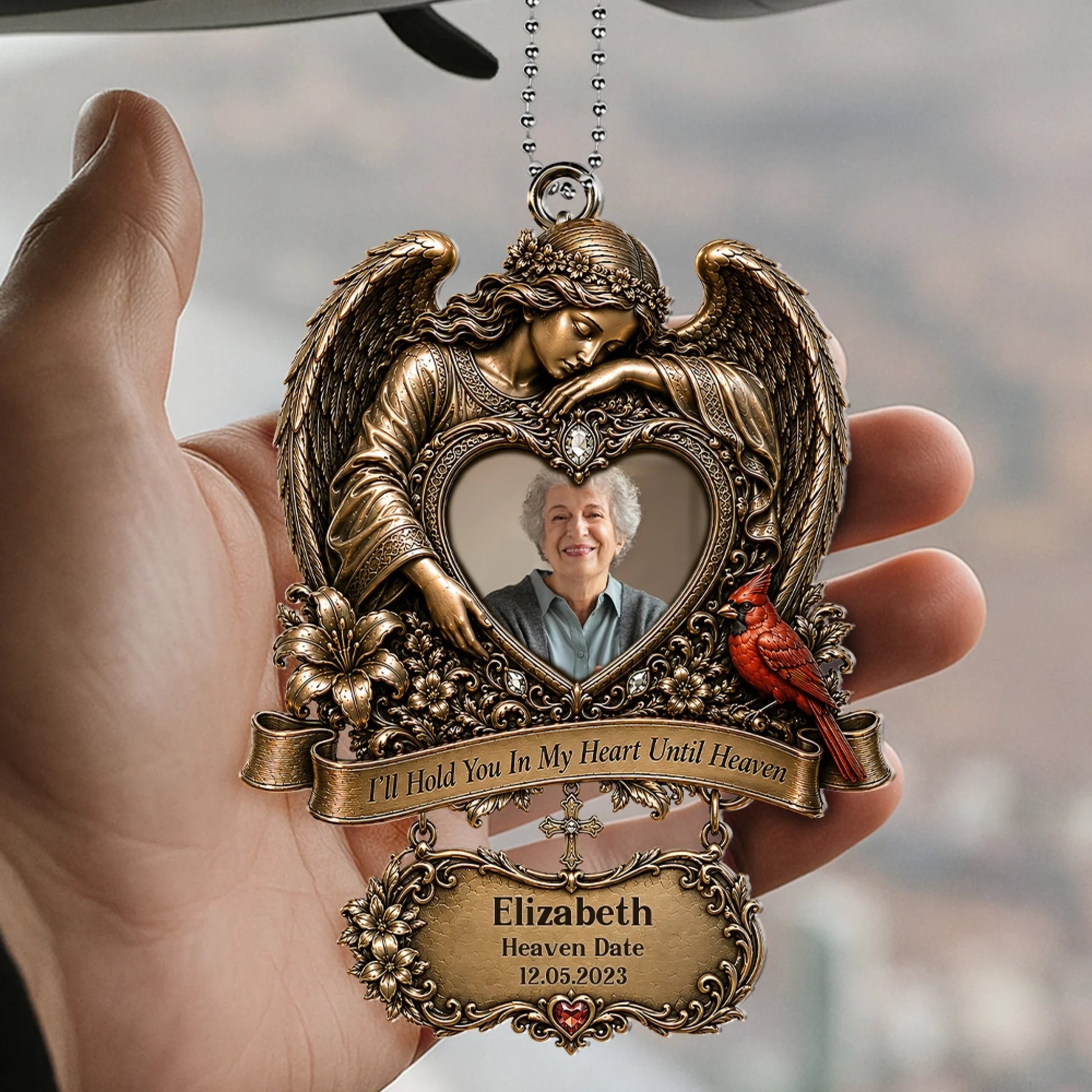 Grandpa Angel Memorial Car Hanging Ornament with Cardinal and Photo