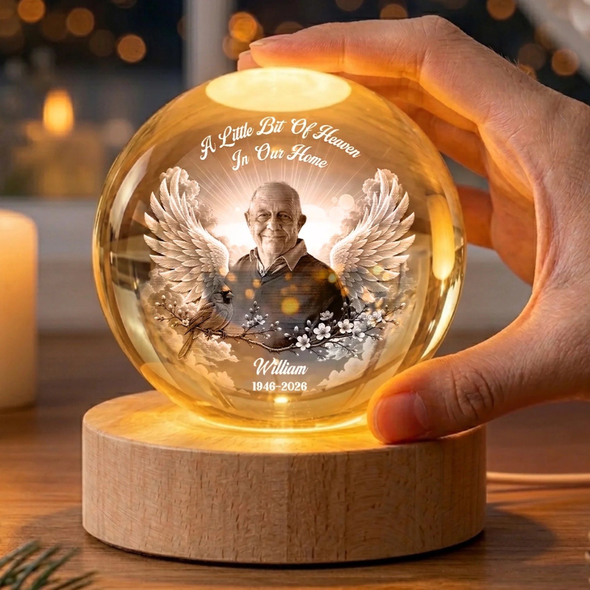 Cardinal Memorial Crystal Globe Lamp with Personalized Loved One Photo