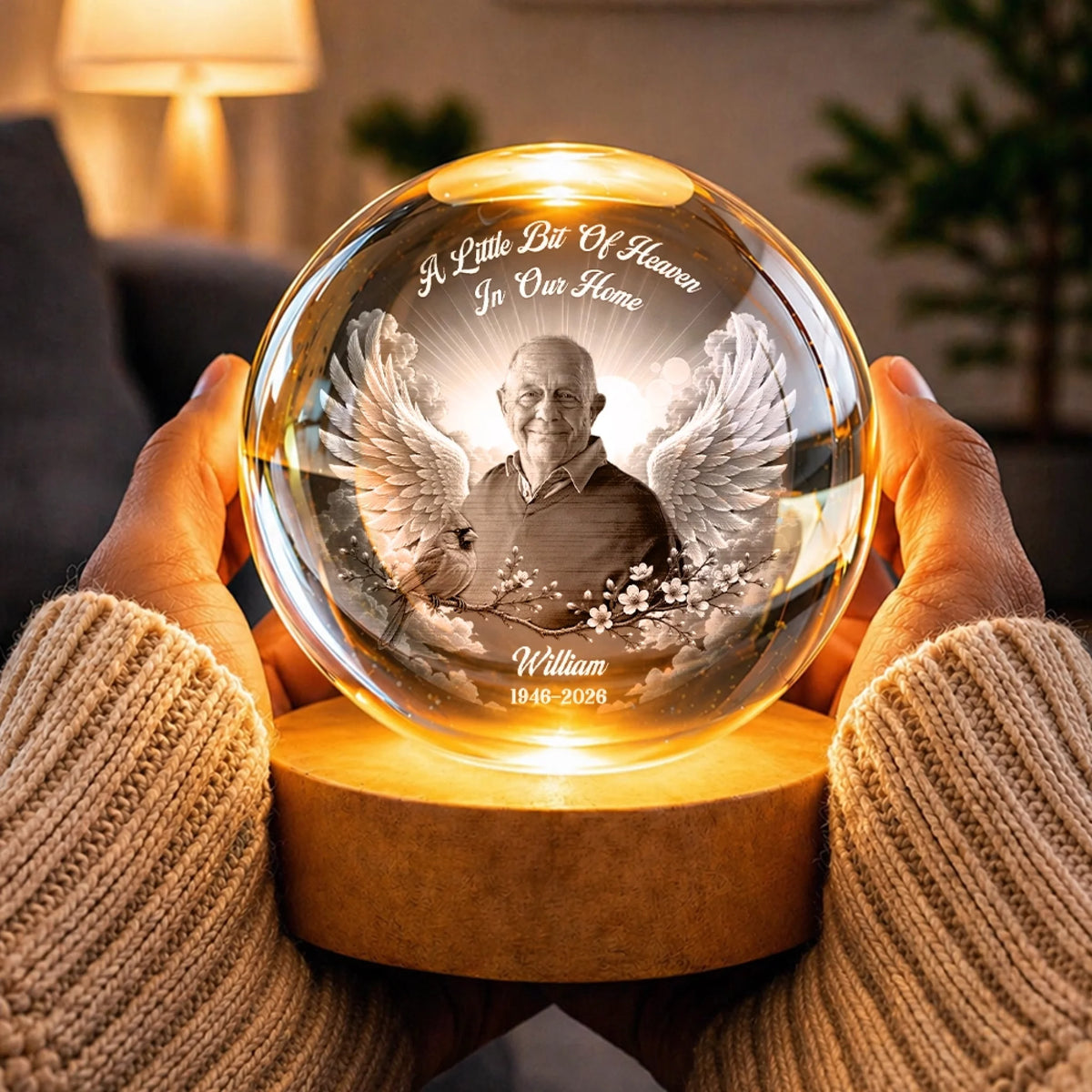 Personalized Cardinal Memorial Globe Lamp with Warm LED Light