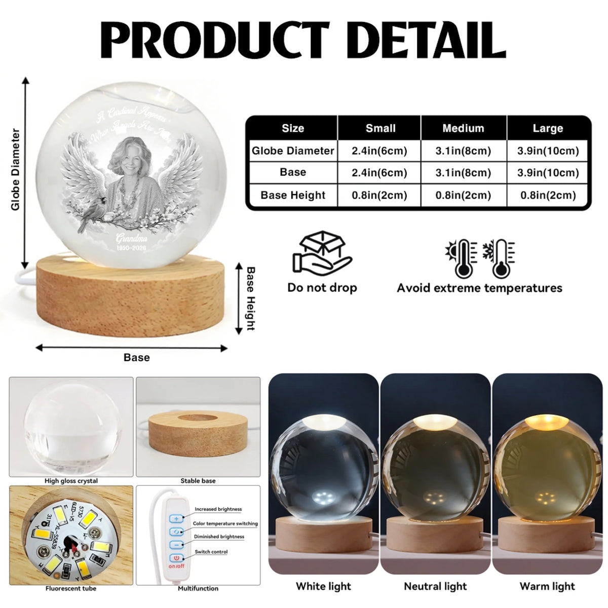 Personalized Memorial Crystal Globe Lamp Product Details and Size