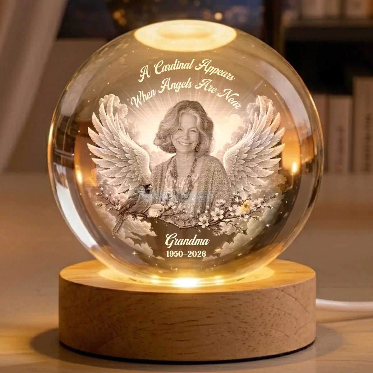 Personalized Cardinal Memorial Crystal Globe Lamp with Photo
