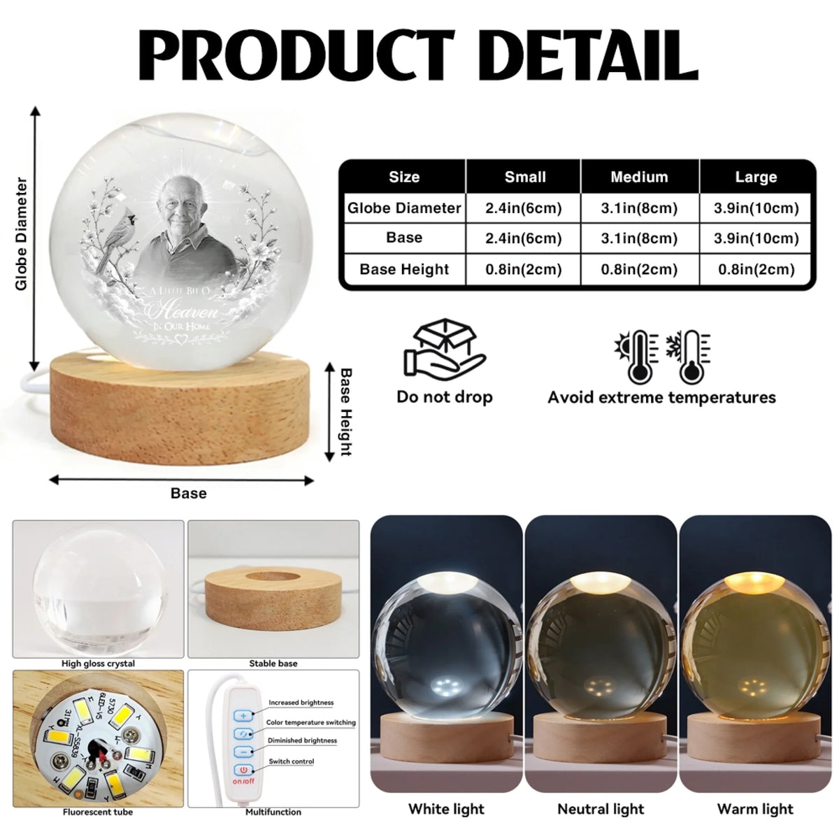 Personalized Memorial Crystal Globe Lamp Product Details and Size