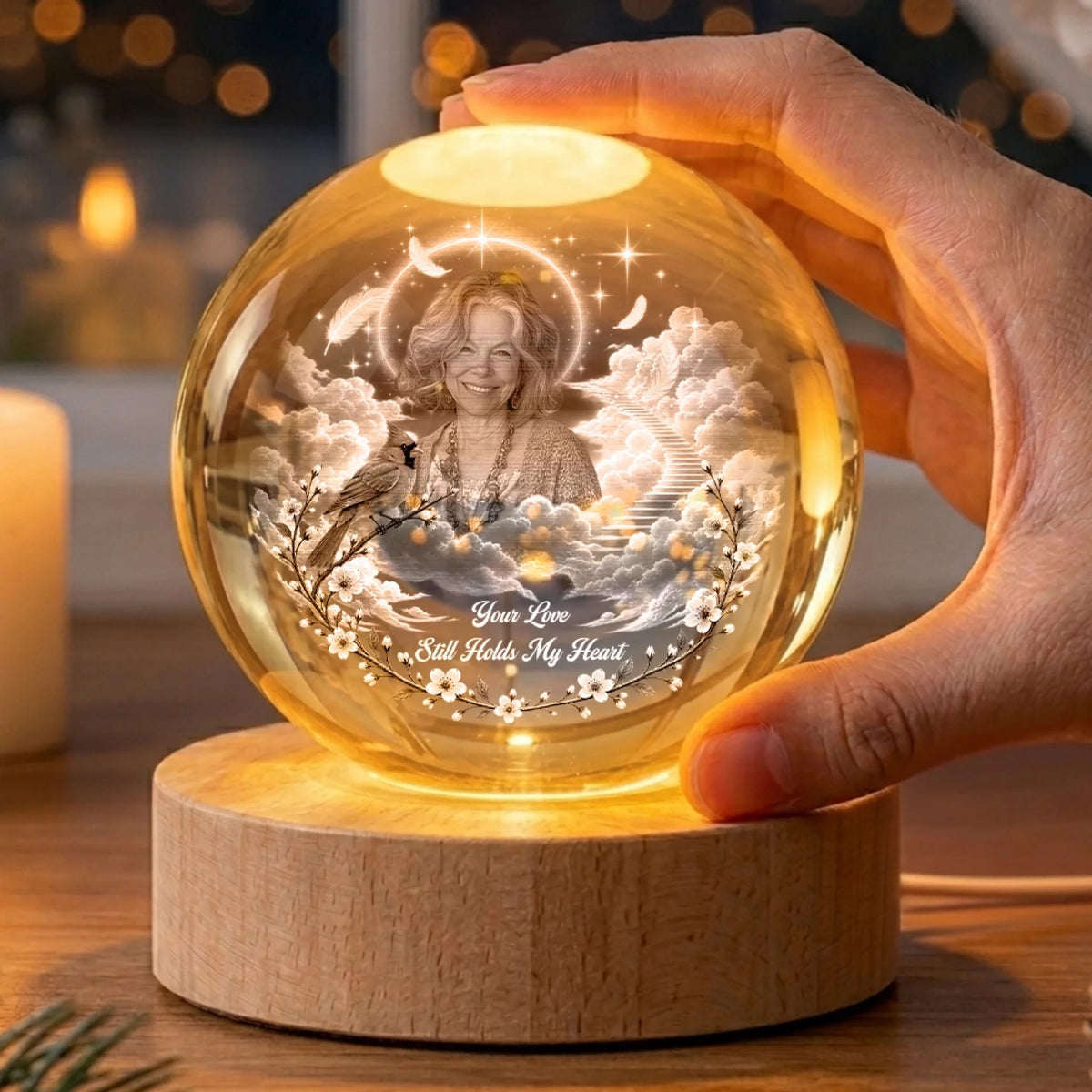 Sibling Memorial Globe Lamp with Angel Wings and Cardinal