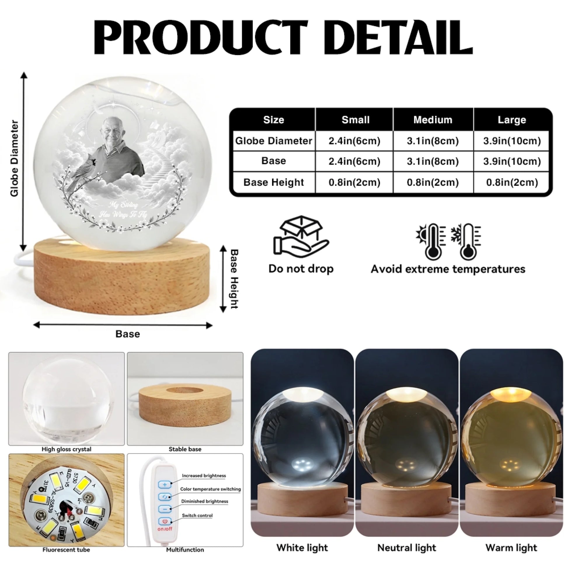 Personalized Memorial Crystal Globe Lamp Product Details and Size