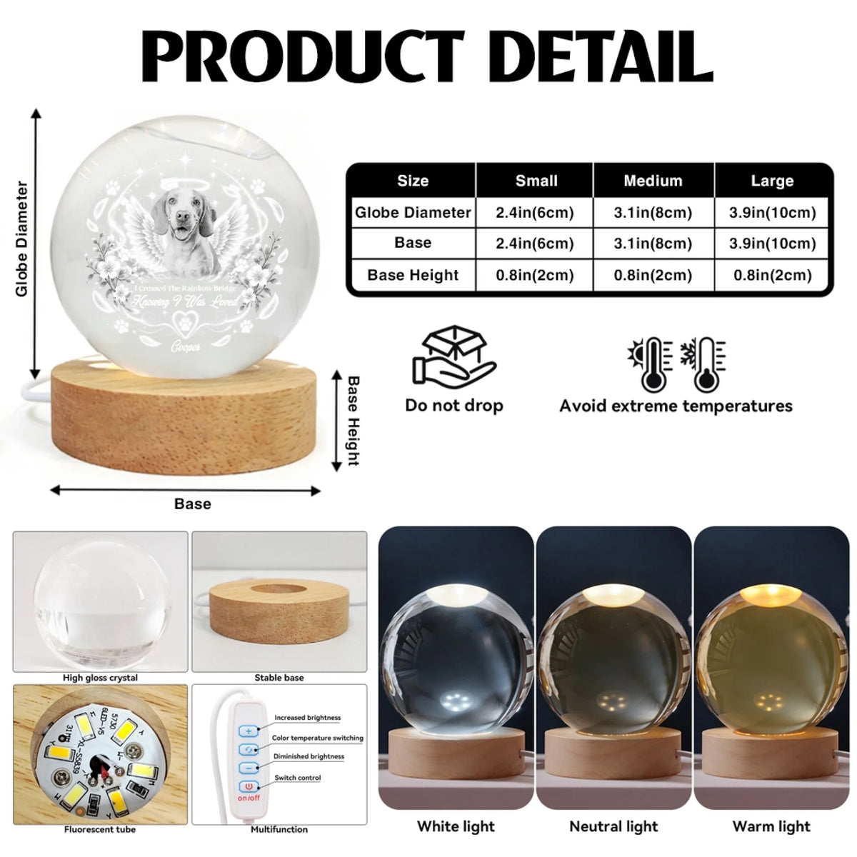 Pet Memorial Crystal Globe Lamp Product Details and Size Guide