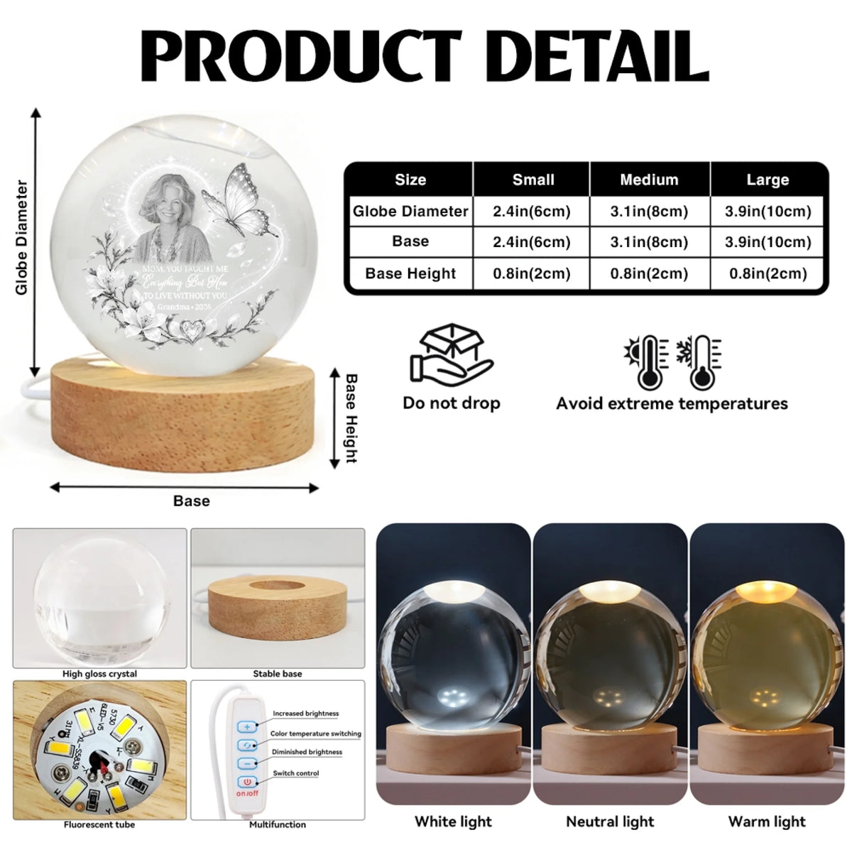Memorial Crystal Globe Lamp Product Details and Size Guide
