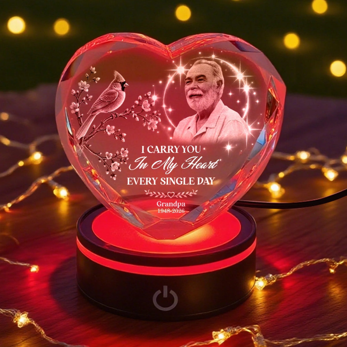 3Personalized Heart Shaped Memorial Crystal with Color LED Light