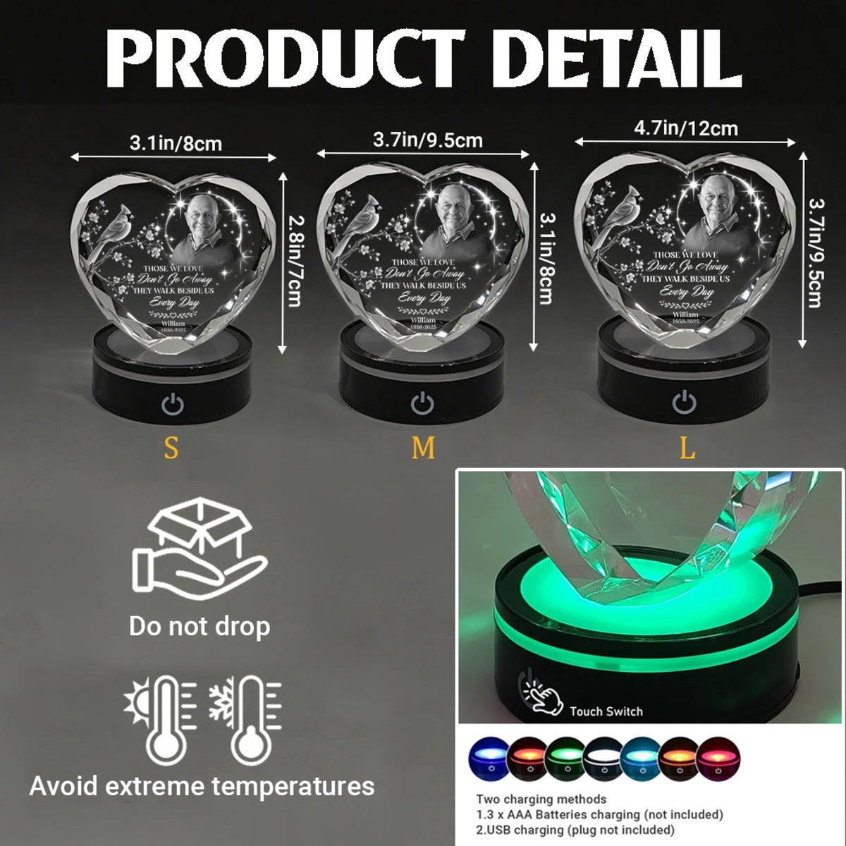 Heart Crystal Memorial Lamp Sizes and LED Base Details