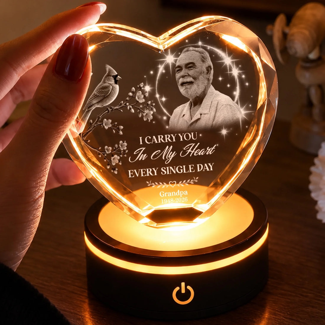 Personalized Heart Crystal Memorial Lamp with Loved One Photo