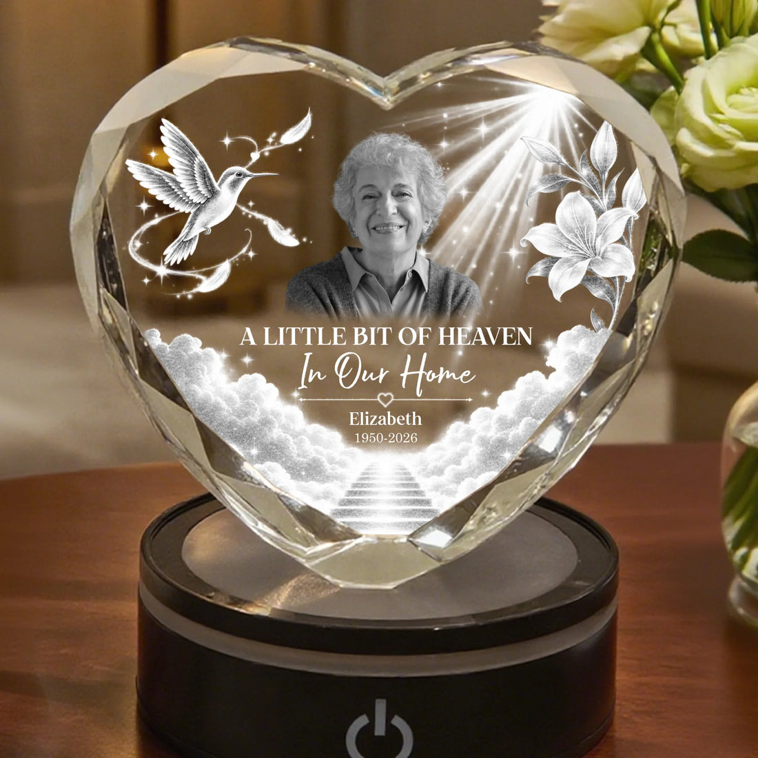 Personalized Heaven In Our Home Heart Crystal Memorial Lamp