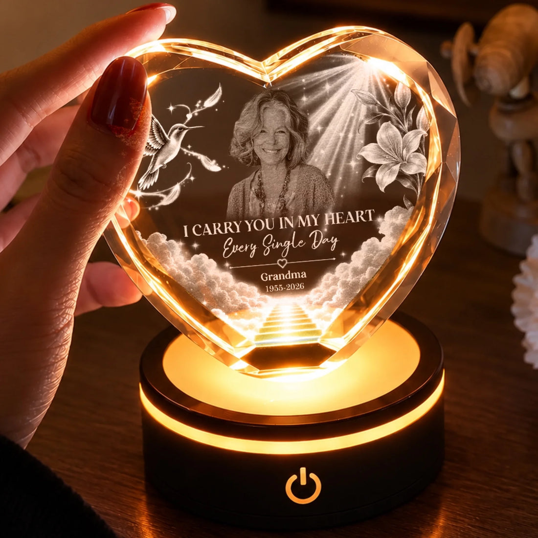 Personalized Heaven In Our Home Heart Crystal Memorial Lamp