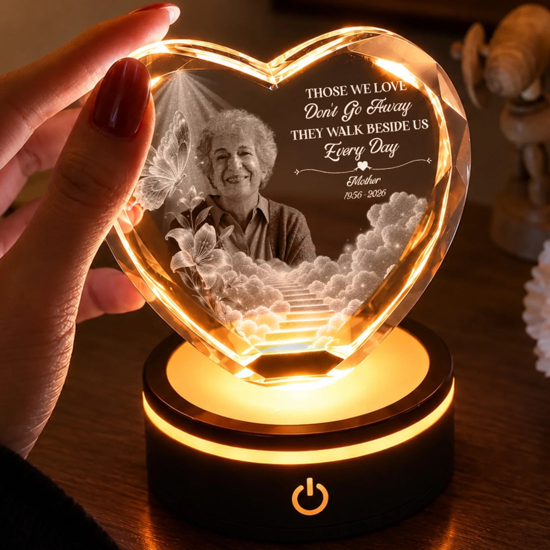Personalized Butterfly Memorial Heart Crystal Lamp For Mom