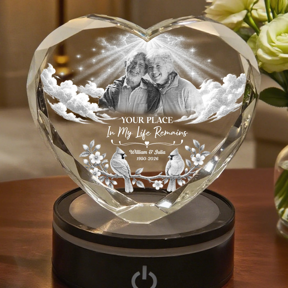 Personalized Angel Wings Memorial Heart Crystal Lamp With Photo