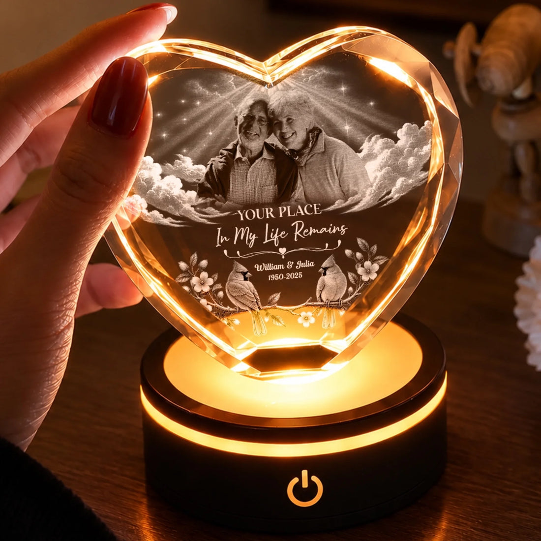 Personalized Angel Wings Memorial Heart Crystal Lamp With Photo