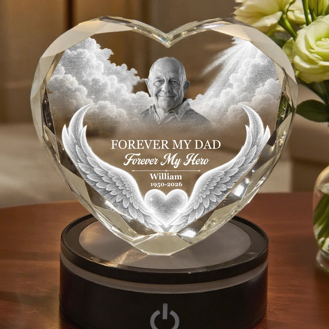 Personalized Dad Memorial Heart Crystal Lamp With Photo