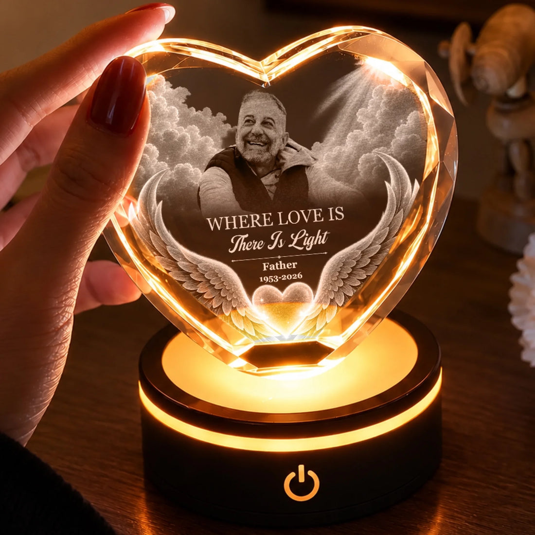 Personalized Dad Memorial Heart Crystal Lamp With Photo