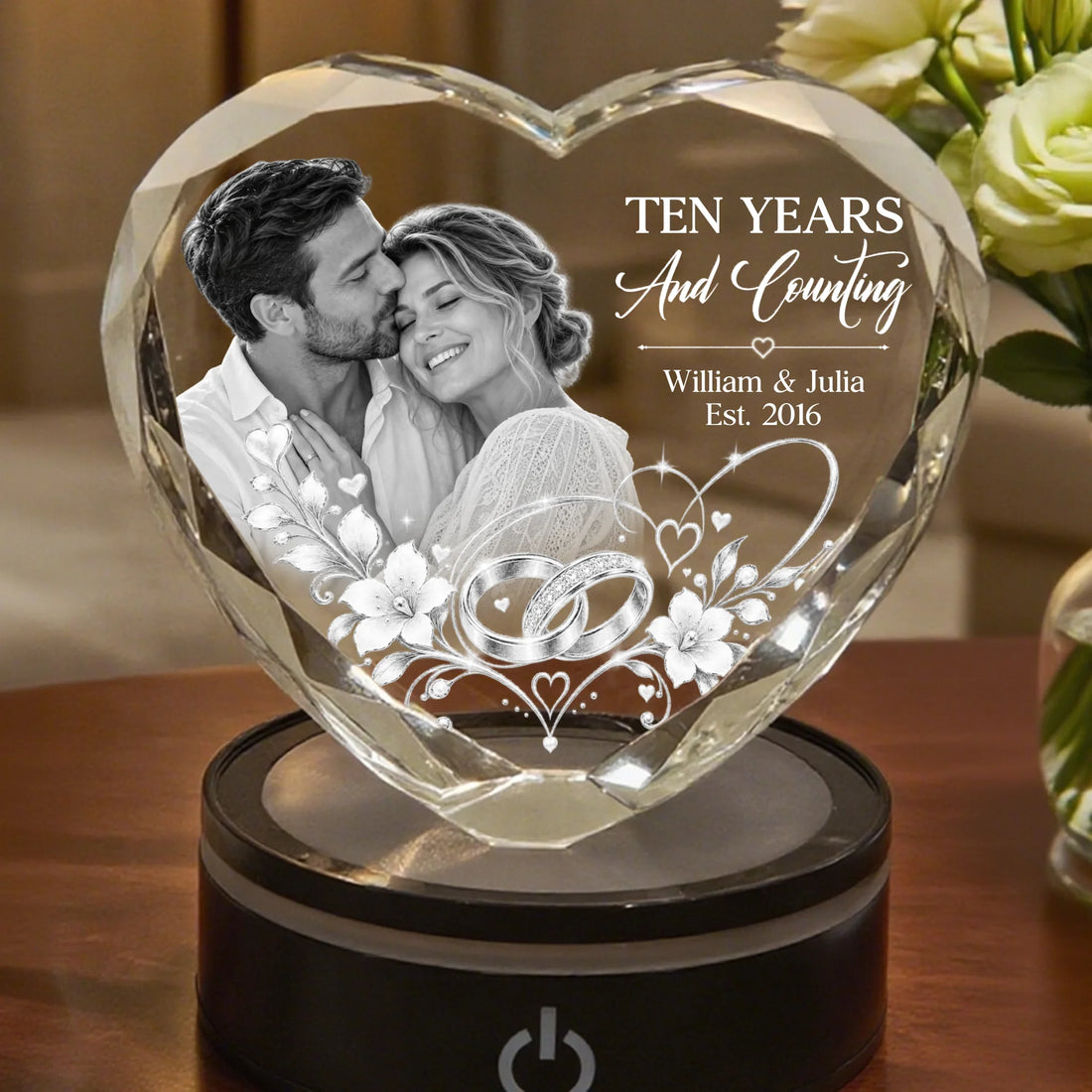 Personalized Wedding Anniversary Heart Crystal Lamp With Couple Photo