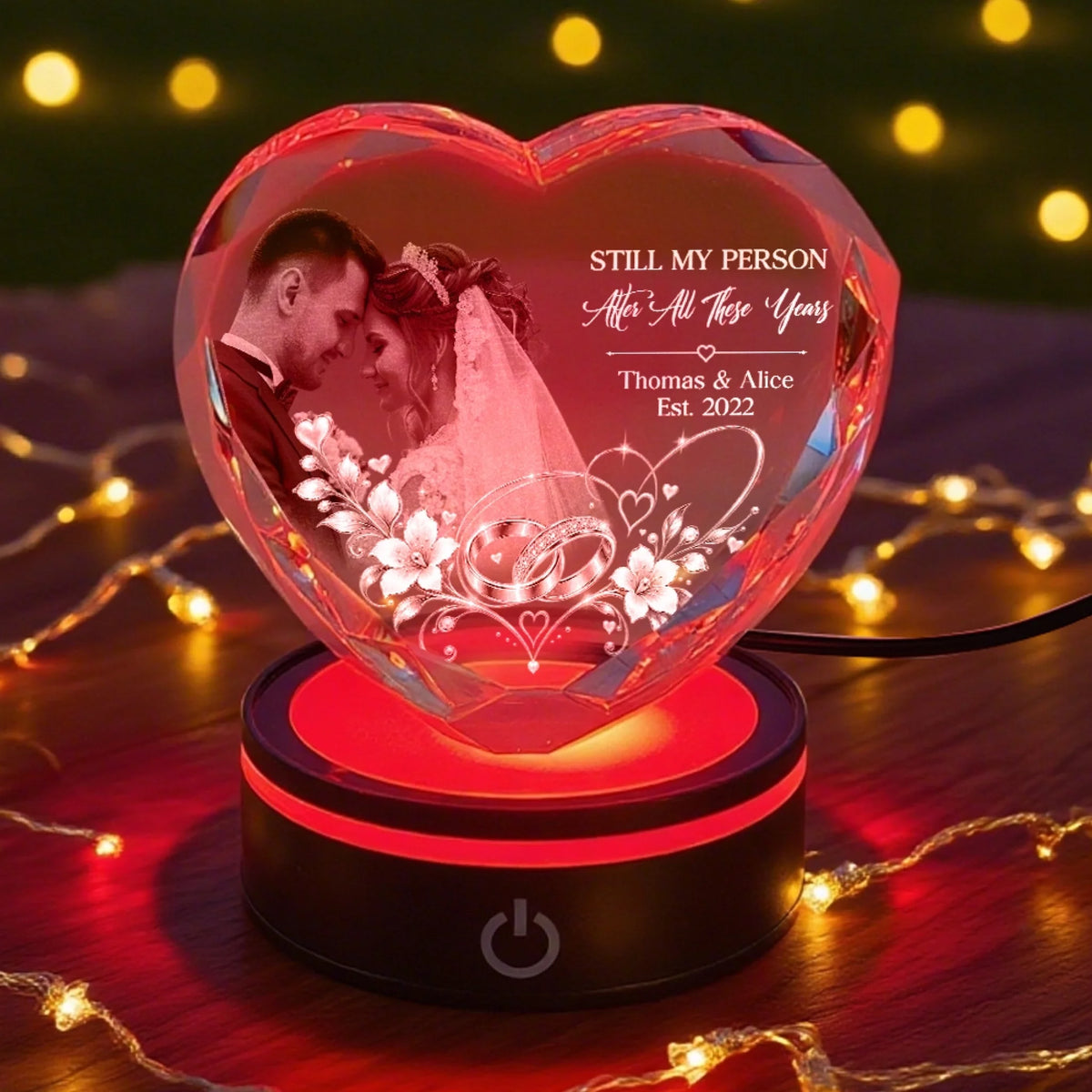Personalized Couple Heart Crystal Gift With Color LED Base