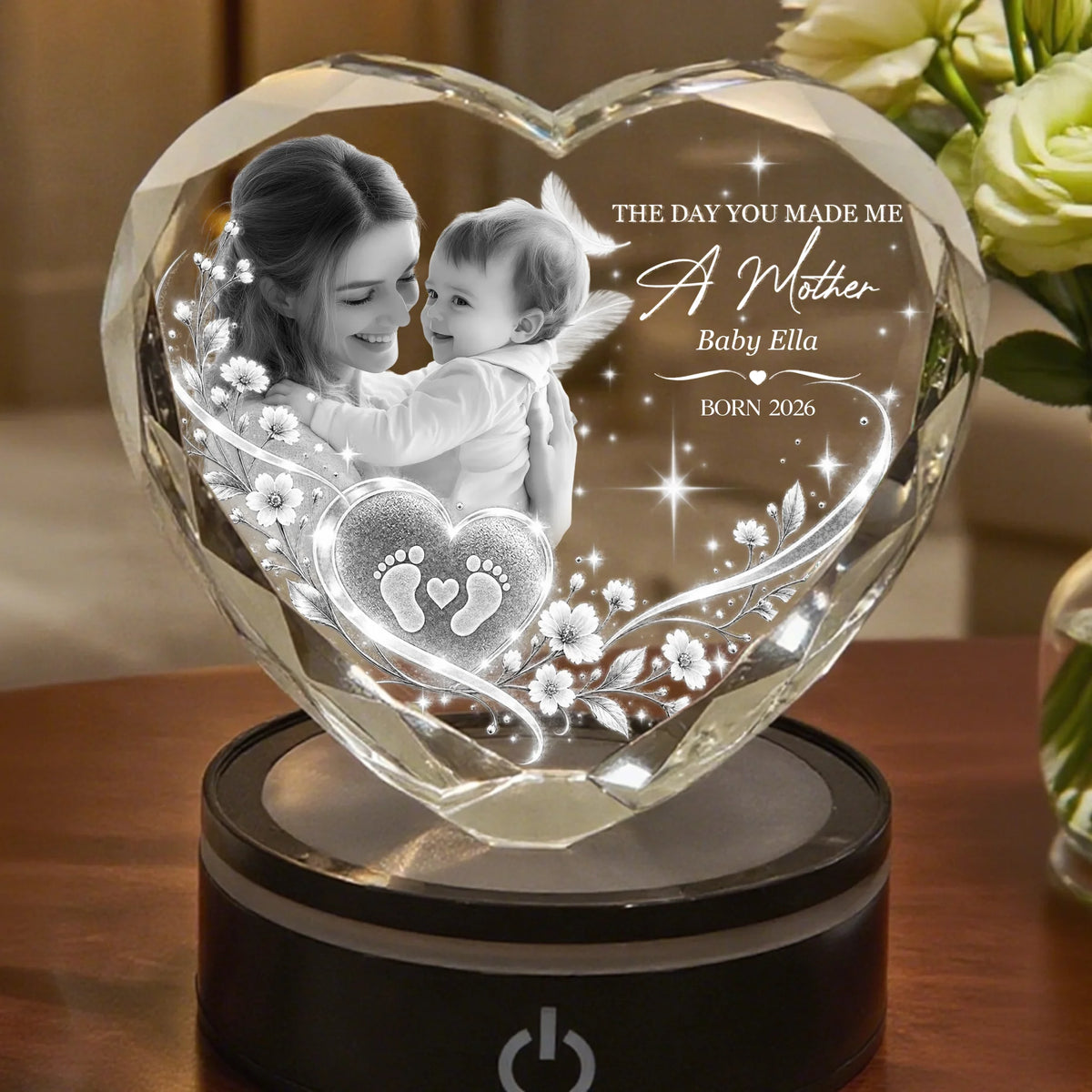 Personalized New Mom Heart Crystal Lamp With Mother And Baby Photo