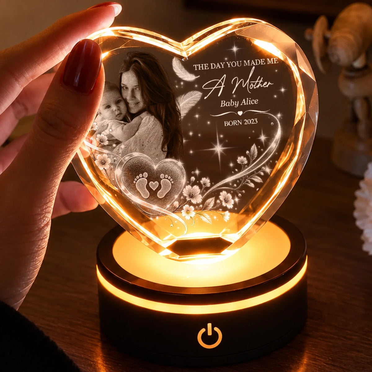 Personalized Mother And Baby Photo Heart Crystal Lamp Gift