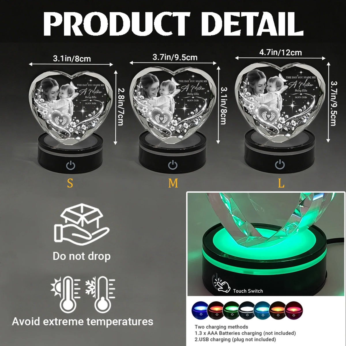 Personalized Heart Crystal Lamp Sizes And LED Base Details