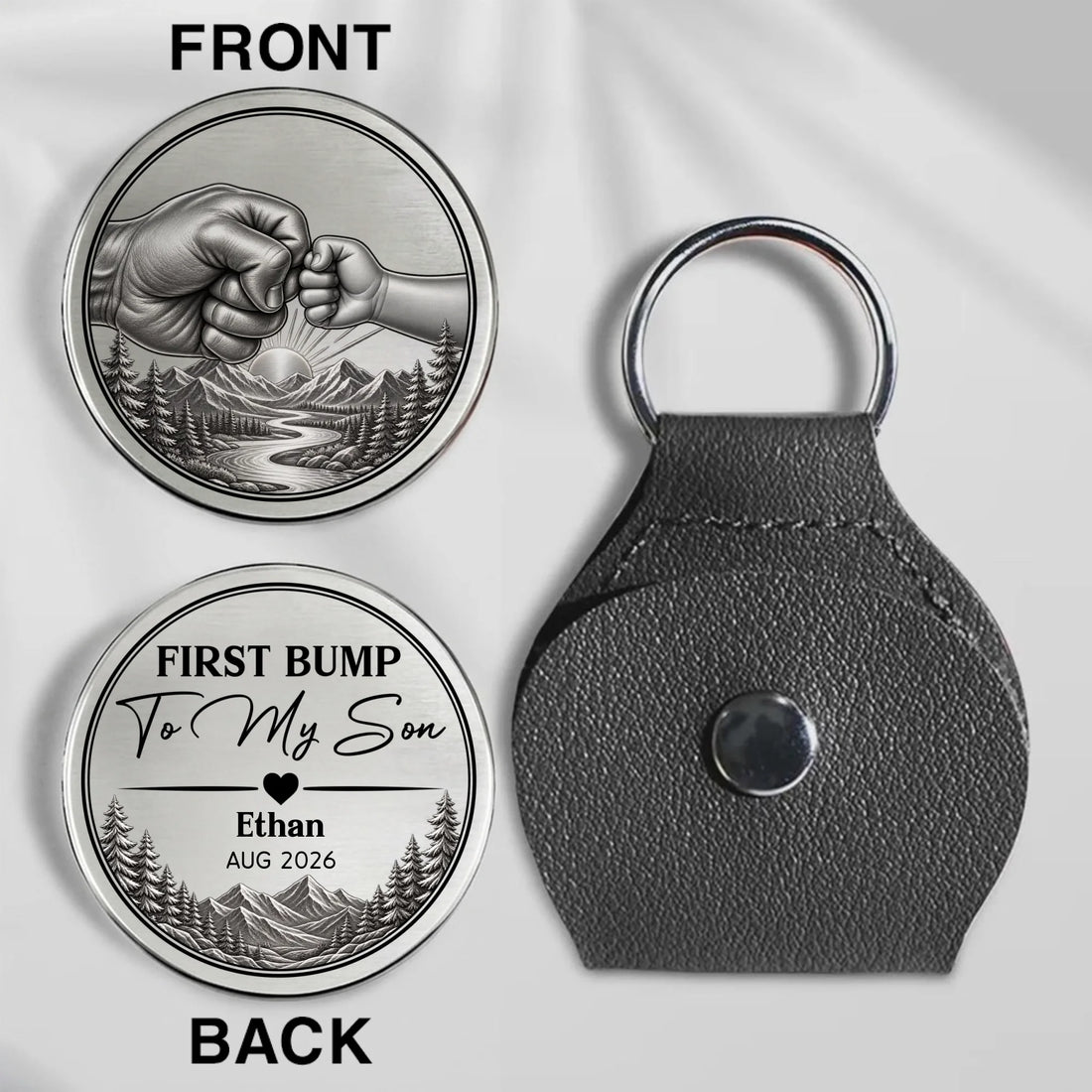 Personalized First Bump Pocket Hug Token For Son With Leather Holder