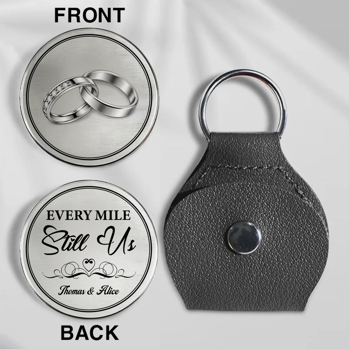 Personalized Couple Pocket Hug With Intertwined Rings And Leather Holder