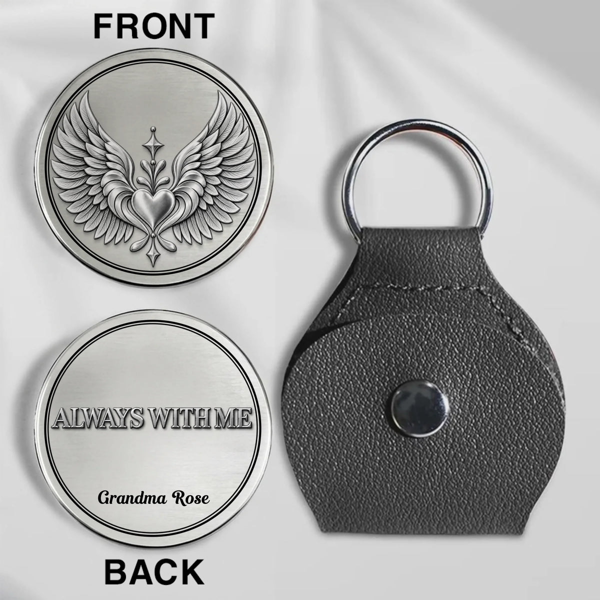 Personalized Memorial Pocket Hug With Angel Wings And Leather Holder
