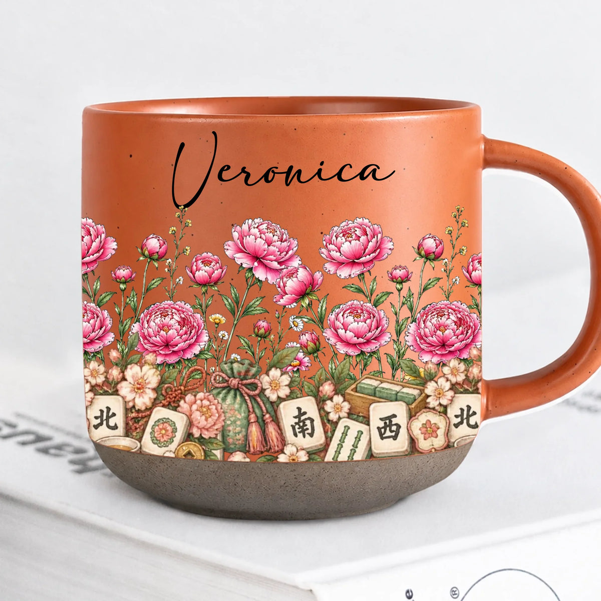Personalized Orange Mahjong Mug With Floral Design