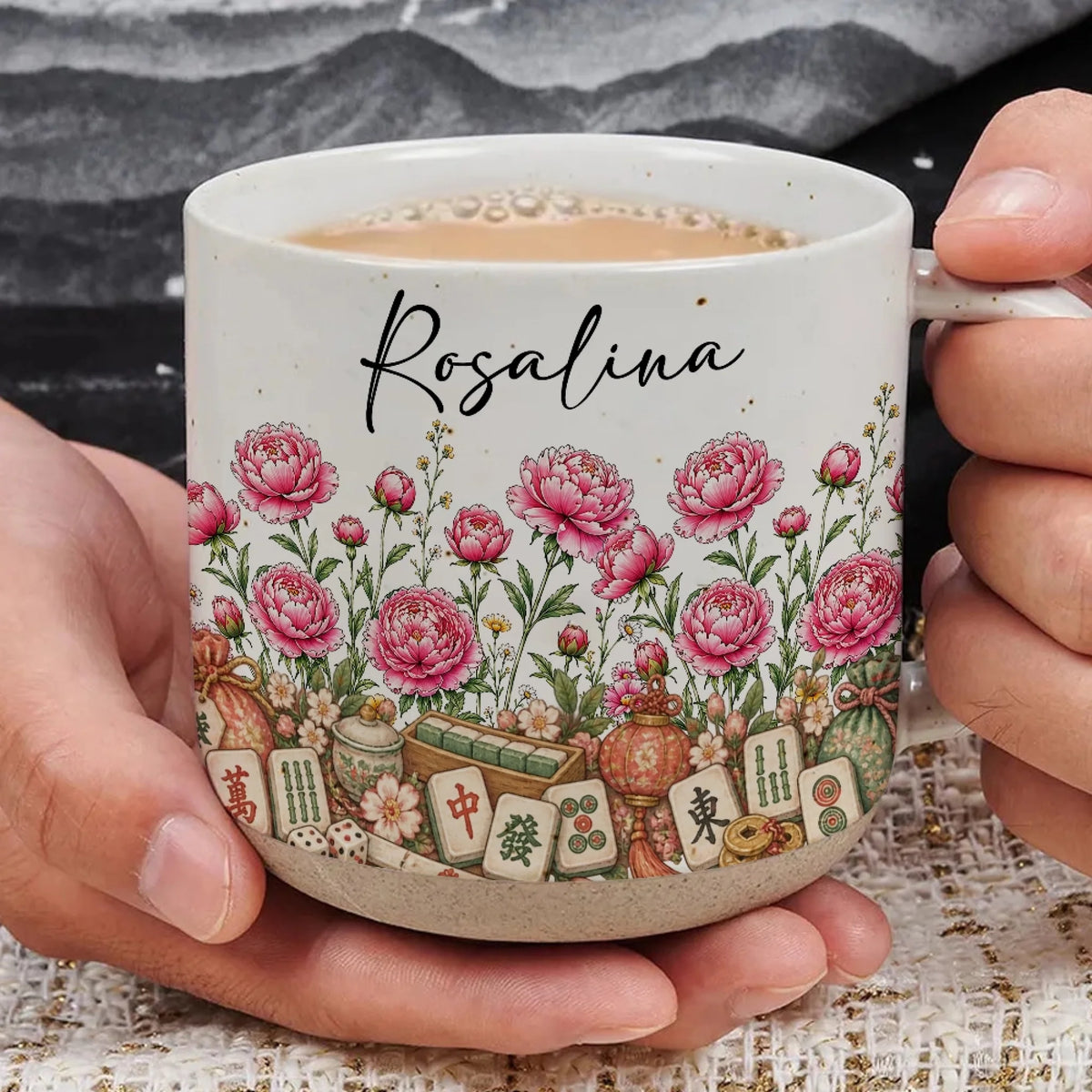 Personalized Pink Mahjong Birth Flower Mug With Name