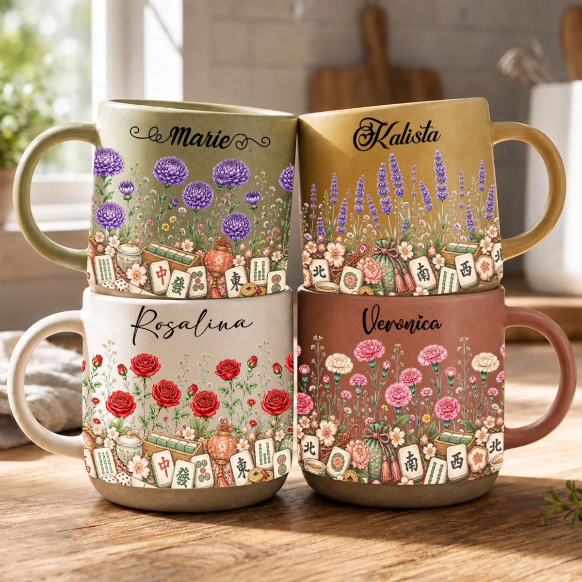 Personalized Mahjong Mugs With Birth Month Flowers