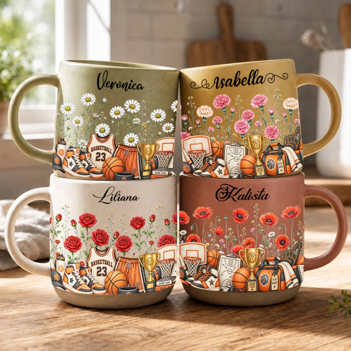Personalized Basketball Mugs With Birth Month Flowers