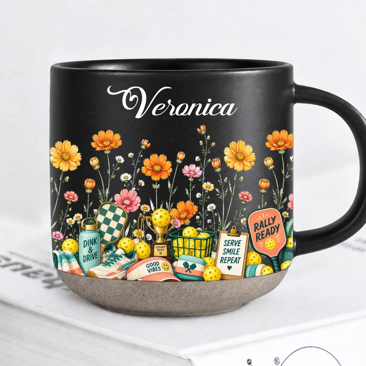 Personalized Black Pickleball Mug With Birth Month Flowers