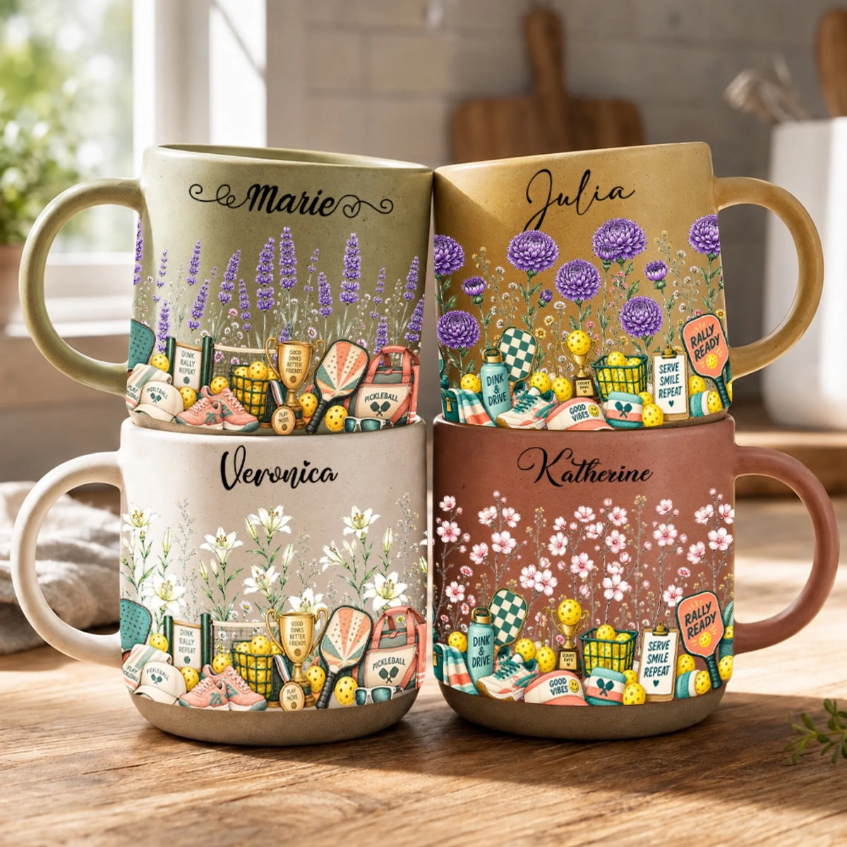 Personalized Pickleball Mugs With Birth Month Flowers