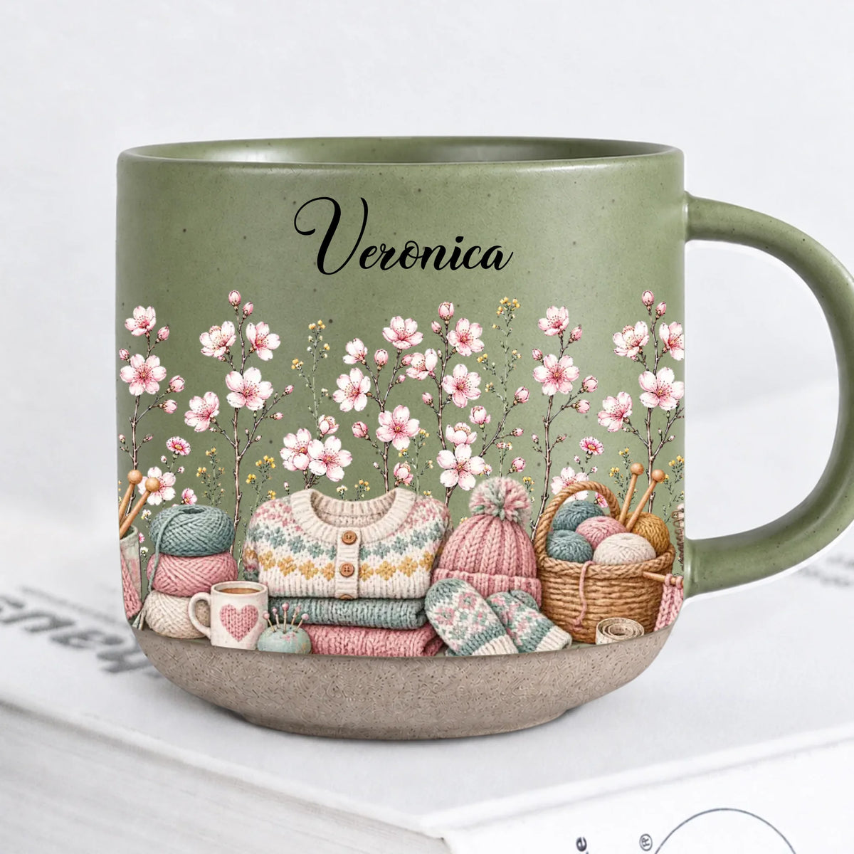Personalized Green Sewist Floral Pottery Mug