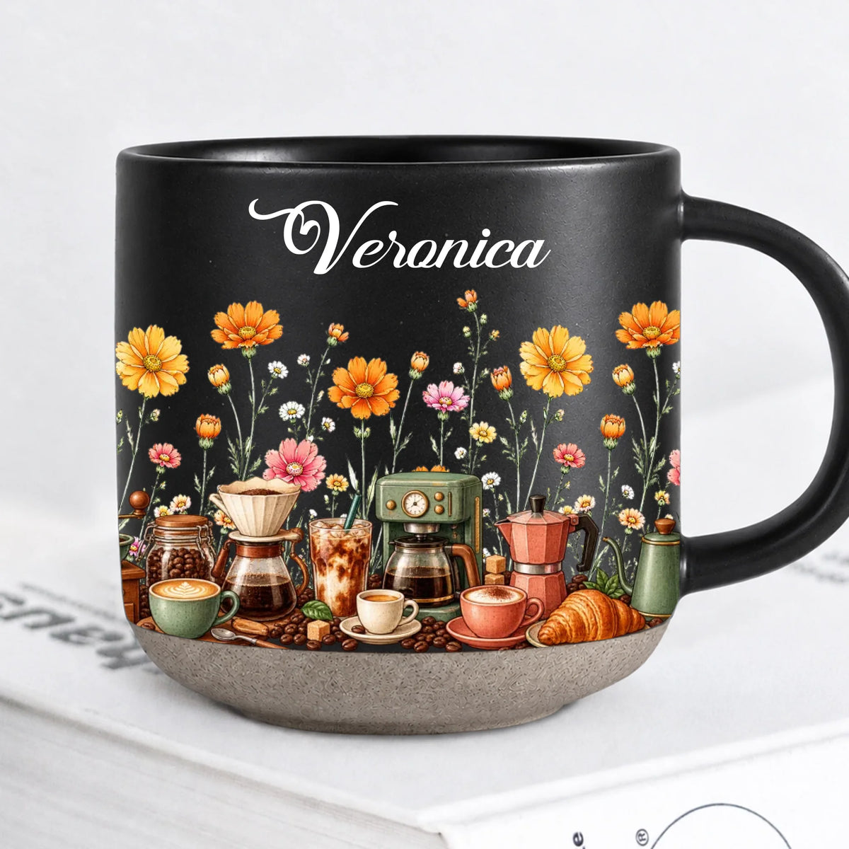 Personalized Black Coffee Lover Mug With Birth Month Flowers