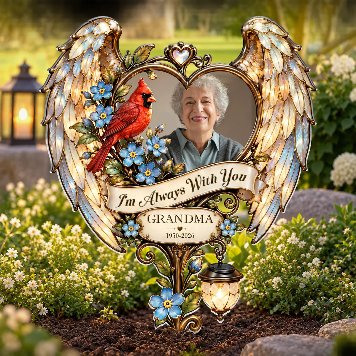 Personalized memorial garden stake with photo, cardinal and angel wings in a flower bed