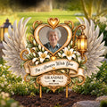 Personalized memorial garden stake with photo, angel wings and white lilies