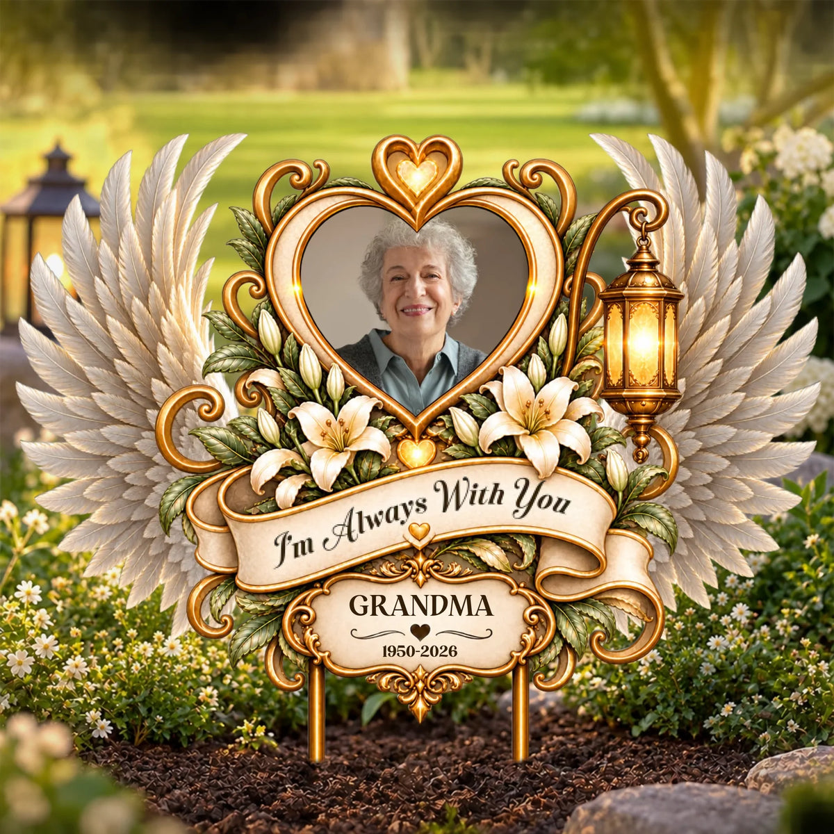 Personalized memorial garden stake with photo, angel wings and white lilies