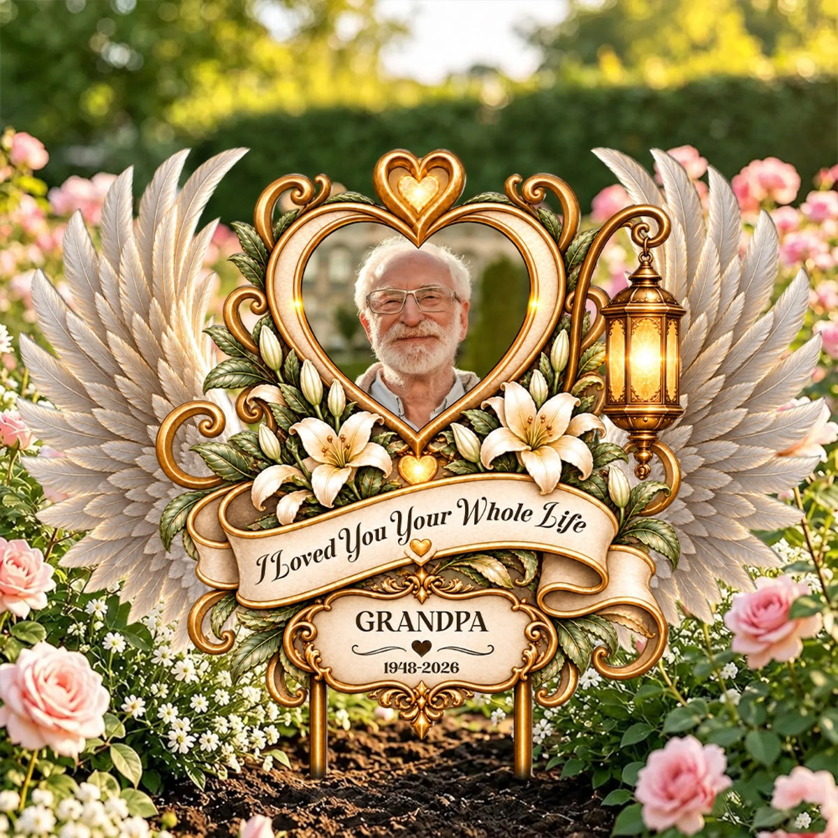 Memorial garden stake with grandpa photo and lilies among pink roses